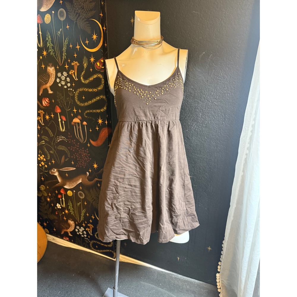 Moda International Brown Studded Empire Waist Babydoll Mini Dress Womens M Y2K